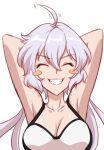  1girl ahoge axia-chan bare_shoulders breasts cleavage closed_eyes grey_hair hair_between_eyes highres large_breasts long_hair open_mouth senki_zesshou_symphogear shirt sidelocks twintails white_background white_shirt yukine_chris 