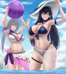  2girls absurdres archstreal ball bangs bare_shoulders beachball bikini black_hair blue_bikini blue_sky blush breasts choker cleavage collarbone green_eyes grey_hair hat highres large_breasts long_hair looking_at_viewer multiple_girls navel ponytail purple_eyes sarong sky sun_hat swimsuit thighs tower_of_fantasy wading water white_bikini 