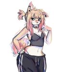  anakoluth anthro black_bottomwear black_clothing black_pants blue_eyes bottomwear breasts canid canine clothing eyewear female fox glasses hair hand_on_hip hi_res mammal medium_breasts pants pink_hair round_glasses small_breasts solo thong underwear wide_hips 