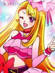  1girl belt blonde_hair cure_butterfly hirogaru_sky!_precure kagami_chihiro long_hair midriff one_eye_closed open_mouth pink_skirt precure purple_eyes skirt smile solo thumbs_up very_long_hair 