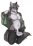  anthro balls big_balls black_penis canid canine canis chest_tuft clothed clothing dress_shirt erection fur genitals green_eyes grey_body grey_fur hi_res humanoid_genitalia humanoid_penis looking_at_viewer male mammal mocha-wing partially_clothed penis shirt simple_background smile solo standing topwear tuft unbuttoned_shirt undressing unzipped unzipped_pants white_background white_body white_fur wolf zipper 