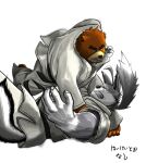  2013 anthro bear brown_body brown_fur canid canine canis clothing colored countershade_face countershade_snout countershading duo fight fur grey_body grey_fur japanese_text juuichi_mikazuki keikogi male mammal martial_arts_uniform morenatsu poge_jirushi simple_background snout sportswear tan_body tan_countershading tan_fur ten_kodori text visual_novel white_background white_body white_clothing white_countershading white_fur wolf 