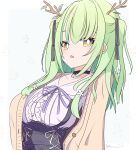  1girl :o absurdres antlers black_choker black_skirt breasts cardigan ceres_fauna choker commentary flower frilled_skirt frills green_hair grey_background hair_flower hair_ornament hair_ribbon heart heart_choker high-waist_skirt highres hololive hololive_english leaning_back light_blush long_hair looking_at_viewer mole mole_under_eye open_cardigan open_clothes open_mouth overskirt purple_ribbon ribbon shirt sid(npcai) simple_background skirt solo twintails upper_body virtual_youtuber white_shirt yellow_cardigan yellow_eyes 