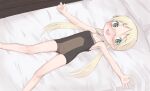  1girl bangs blonde_hair blush covered_navel glasses green_eyes lying made_in_abyss on_back on_bed open_mouth outstretched_arms recklessdraw riko_(made_in_abyss) smile solo spread_arms teeth twintails 