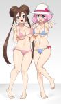  2girls :d absurdres alternate_costume bangs barefoot bikini blue_bikini blue_eyes breasts bright_pupils brown_hair collarbone commentary_request double_bun hair_bun hands_up hat highres holding_hands knees long_hair looking_at_viewer multiple_girls navel open_mouth oyatsu_0 pigeon-toed pink_bikini pink_hair pokemon pokemon_(game) pokemon_bw2 rosa_(pokemon) smile standing swimsuit toes tongue twintails w white_headwear white_pupils yancy_(pokemon) 
