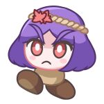 &gt;:( 1girl angry aroevela autumn_leaves bangs blush_stickers bob_cut commentary frown goomba hair_ornament leaf_hair_ornament mario_(series) monsterification parted_bangs purple_hair red_eyes rope short_hair simple_background touhou v-shaped_eyebrows walking white_background yasaka_kanako 