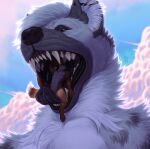  2022 anthro artist_logo black_nose black_tongue blue_sky brown_body brown_eyes brown_fur canid cheek_tuft cloud crotch_tuft dated duo ear_piercing facial_tuft front_view fur grey_body grey_fur hair hi_res imminent_oral_vore imminent_vore in_mouth industrial_piercing inner_ear_fluff logo male mammal mouth_shot neck_tuft nude open_mouth outside piercing riorix sharp_teeth short_hair shoulder_tuft sky teeth tongue tuft whiskers white_body white_fur white_hair white_inner_ear_fluff 