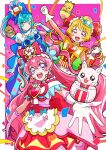  3girls :d blonde_hair blue_hair commentary_request cure_precious cure_spicy cure_yum-yum delicious_party_precure dress eyelashes fuwa_kokone gloves green_eyes hair_ornament hanamichi_ran happy highres light_blue_hair long_hair looking_at_viewer magical_girl multicolored_hair multiple_girls nagomi_yui open_mouth pink_background pink_eyes pink_hair precure red_eyes smile streaked_hair tsukikage_oyama 