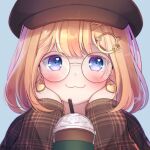  1girl :3 blonde_hair blue_background blue_eyes bob_cut brown_coat brown_headwear coat coffee earrings english_commentary frappuccino glasses hair_ornament hairclip hands_on_own_chin heart heart_earrings hololive hololive_english iced_coffee jewelry light_blush long_sleeves monocle_hair_ornament plaid_coat round_eyewear short_hair simple_background solo sora_rinn virtual_youtuber watson_amelia whipped_cream 