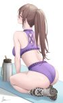  1girl arm_support ass banned_artist bare_shoulders bikini blush bottle breasts brown_hair closed_mouth commentary ear_piercing expulse from_behind full_body half-closed_eyes highres large_breasts long_hair looking_ahead original piercing ponytail purple_bikini purple_eyes seiza signature simple_background sitting socks solo sports_bikini sweat swimsuit symbol-only_commentary thighs water_bottle white_background white_socks 