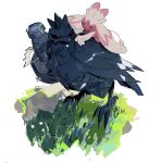  absurdres apios1 black_sclera colored_sclera corviknight day full_body grass grey_eyes hammer height_difference highres long_hair looking_at_another looking_back no_humans open_mouth outdoors pokemon pokemon_(creature) pokemon_(game) red_eyes riding smile standing tinkaton 