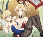  2girls ahoge animal_ears aqua_eyes artoria_pendragon_(fate) bare_shoulders black_bow black_footwear black_pantyhose blonde_hair blue_leotard blush bow bowtie braid breasts carrying carrying_person collarbone detached_collar fake_animal_ears fate/grand_order fate_(series) french_braid gloves grin highres leotard long_hair looking_at_viewer mordred_(fate) mother_and_daughter multiple_girls pantyhose playboy_bunny ponytail princess_carry rabbit_ears red_leotard red_scrunchie scrunchie sidelocks small_breasts smile smirk teeth tonee white_gloves 