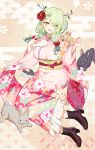  1girl :d absurdres animal antlers arms_up boots breasts ceres_fauna earrings english_commentary flower green_hair hair_flower hair_ornament happy_new_year high_heel_boots high_heels highres hololive hololive_english japanese_clothes jewelry kimono large_breasts long_hair long_sleeves marimo_(nogdujeon) mole mole_under_eye new_year open_mouth patterned_background petting pink_kimono print_kimono rabbit sitting smile solo virtual_youtuber wide_sleeves yellow_eyes yokozuwari 