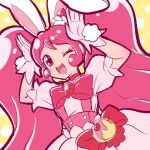  1girl animal_ears bow cake_hair_ornament choker corset cure_whip earrings food-themed_hair_ornament food-themed_ornament gloves hair_ornament highres jewelry kirakira_precure_a_la_mode long_hair macaron_hair_ornament magical_girl miesa one_eye_closed pink_bow pink_choker pink_corset pink_eyes pink_gloves pink_hair pom_pom_(clothes) pom_pom_earrings pouch precure rabbit_ears solo twintails usami_ichika very_long_hair 