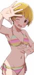  1girl bangs bikini blonde_hair blunt_bangs blush breasts collarbone covering_face dani-ikapi frown fukuda_noriko highres idolmaster idolmaster_million_live! medium_breasts navel open_mouth shade short_hair simple_background solo swimsuit white_background yellow_eyes 