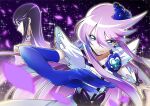  2girls blue_eyes blue_flower blue_rose brooch choker closed_mouth commentary_request cure_moonlight dual_persona eyelashes flower glasses hair_between_eyes hair_flower hair_ornament happy heart_brooch heartcatch_precure! highres jewelry long_hair looking_at_viewer magical_girl multiple_girls petals precure purple_choker purple_hair rose smile tsukikage_oyama tsukikage_yuri 