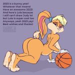  2022 all_fours anthro ass_up back_muscles ball bangs basketball basketball_(ball) bedroom_eyes big_breasts big_butt blonde_hair blue_eyes breasts butt cheek_tuft clothing detailed_eyes digital_drawing_(artwork) digital_media_(artwork) digital_painting_(artwork) english_text eyebrow_through_hair eyebrows eyelashes facial_tuft feet female fingers fluffy fluffy_tail foot_fetish foot_focus fur fur_markings gloves hair half-closed_eyes hand_on_object handwear hi_res holidays lagomorph leporid lola_bunny long_ears looking_at_viewer looney_tunes mammal markings multicolored_body multicolored_fur narrowed_eyes new_year nude paws pink_nose pinup pose presenting presenting_hindquarters purple_background rabbit raised_eyebrow rear_view seductive sexy_eyes shaded shadow short_hair short_snout short_tail side_boob signature simple_background simple_coloring simple_shading smile snout soles solo sweet.lemons tail tan_body tan_fur teasing teeth teeth_showing teeth_visible text thick_thighs toes translucent translucent_hair tuft two_tone_body two_tone_fur two_tone_tail warner_brothers wide_hips 