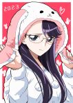  1girl 2023 absurdres animal_hood bangs blue_eyes commentary_request glasses heartcatch_precure! highres hood hoodie long_hair looking_at_viewer pout precure purple_hair rabbit_hood solo tsukikage_oyama tsukikage_yuri white_hoodie 
