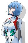  1girl ayanami_rei bangs blue_hair bodysuit breasts closed_eyes commentary evangelion:_3.0+1.0_thrice_upon_a_time hand_on_own_chest highres interface_headset medium_breasts neon_genesis_evangelion parted_lips pilot_suit plugsuit rebuild_of_evangelion sasihmi short_hair solo white_background white_bodysuit 