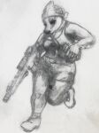  2022 anthro badger breasts cleavage clothed clothing female footwear fully_clothed graphite_(artwork) greyscale gun headkerchief hi_res kerchief mammal monochrome mustelid musteline oddwilds ranged_weapon rifle shoes solo traditional_media_(artwork) weapon 