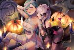  2girls arms_up bandages bite_mark black_leotard black_pantyhose blue_eyes blush breasts candle collarbone cross cross-laced_clothes demon_horns demon_tail demon_wings detached_sleeves fangs green_hair grey_hair halloween hands_on_another&#039;s_face holding_hands horns horo_27 jack-o&#039;-lantern kaga_sumire kneeling large_breasts leotard lupinus_virtual_games multiple_girls mummy_costume navel pantyhose purple_eyes sitting tail teeth thigh_strap tombstone tongue tongue_out underboob upper_teeth_only virtual_youtuber vspo! wings yakumo_beni 