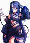  1girl 774_inc. bangs belt black_bandeau black_belt black_hair black_jacket black_skirt blue_belt blue_hair blush breasts brown_eyes can chest_belt cleavage collarbone commentary_request cowboy_shot curled_horns demon_girl demon_horns demon_tail grey_horns hair_between_eyes hebiyoi_tier highres holding holding_can horns jacket long_hair long_sleeves looking_at_viewer medium_breasts multicolored_hair navel off_shoulder open_clothes open_jacket open_mouth paint_on_clothes paint_on_fingers pointy_ears sidelocks simple_background skirt snake_bite solo spray_can sugar_lyric tail temari_maco two-tone_hair very_long_hair virtual_youtuber white_background 