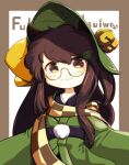  1girl :3 animal_ears bangs border brown_border brown_eyes brown_hair character_name checkered_clothes checkered_scarf closed_mouth futatsuiwa_mamizou glasses green_kimono japanese_clothes kimono leaf leaf_on_head long_hair long_sleeves looking_at_viewer raccoon_ears raccoon_girl scarf smile solo touhou uisu_(noguchipint) white_background 