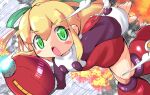  1girl android arm_cannon bangs blonde_hair blush boots chomes dress explosion female_child green_eyes green_ribbon hair_ribbon mega_man_(series) open_mouth ponytail red_dress ribbon roll_(mega_man) running sidelocks smoke solo teeth upper_teeth_only weapon 