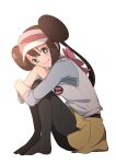  1girl black_pantyhose blush bow bright_pupils brown_hair closed_mouth commentary_request double_bun doughnut_hair_bun from_side full_body green_eyes hair_bun highres legwear_under_shorts long_hair nijizuki_shino no_shoes pantyhose pink_bow pokemon pokemon_(game) pokemon_bw2 raglan_sleeves rosa_(pokemon) short_shorts shorts sitting smile solo split_mouth twintails visor_cap white_pupils yellow_shorts 