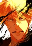  1boy absurdres ajuji_aju bleach blonde_hair close-up film_grain hair_between_eyes heterochromia highres japanese_clothes kurosaki_ichigo looking_at_viewer lower_teeth_only male_focus open_mouth orange_eyes orange_hair portrait short_hair simple_background smoke solo teeth white_background yellow_eyes 