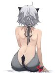  1girl ahoge ameiarts back bow from_behind highres indie_virtual_youtuber meme_attire reiny_(vtuber) short_hair shoulder_blades simple_background sitting solo tail tail_bow tail_ornament virgin_killer_sweater virtual_youtuber white_background white_hair 