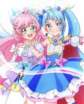  2girls ahoge ascot blue_eyes blue_hair blue_skirt bow cure_prism cure_sky detached_sleeves dress earrings elbow_gloves feather_hair_ornament feathers fpminnie1 gloves green_eyes hair_bow hair_ornament hand_on_hip highres hirogaru_sky!_precure jewelry long_hair magical_girl multiple_girls nijigaoka_mashiro open_mouth pink_bow pink_hair precure skirt smile sora_harewataru twintails very_long_hair white_ascot white_bow white_dress white_gloves 