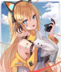  1girl absurdres animal_ear_headphones animal_ears arm_belt axent_wear bare_shoulders black_shirt blonde_hair blue_eyes blue_sky border breasts cat_ear_headphones cat_ears cloud commission facial_tattoo fake_animal_ears hair_ornament hairpin hands_up headphones highres holding holding_mask jacket large_breasts long_hair long_sleeves looking_at_viewer mask mask_removed mismatched_pupils off_shoulder open_clothes open_jacket open_mouth original second-party_source shirt shoulder_tattoo sira_(user_dswn7488) sky sleeveless sleeveless_shirt solo sonya_(schan) tattoo teeth upper_body upper_teeth_only white_border white_jacket 