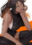  1girl absurdres ajuji_aju black_hair black_thighhighs bleach dark-skinned_female dark_skin hand_on_own_face head_on_hand highres leotard long_hair looking_at_viewer lower_teeth_only open_mouth ponytail shihouin_yoruichi simple_background sitting sleeveless solo teeth thighhighs tongue yellow_eyes 