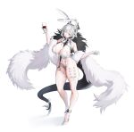  1girl absurdres alcohol animal_ears areola_slip bangs bare_legs bare_shoulders body_painting breasts cleavage clothing_cutout cup demon_horns dragon_tail drinking_glass fake_animal_ears fangs feather_boa full_body fur fur_collar glass gloves hair_between_eyes hair_over_one_eye high_heels highleg highres holding holding_cup horns large_breasts leotard looking_at_viewer navel open_mouth piercing pointy_ears rabbit_ears shoes short_hair simple_background smile solo standing tail thighs tongue white_background white_footwear white_gloves white_leotard wine_glass yellow_eyes 
