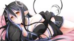  1girl 774_inc. bangs belt black_bandeau black_belt black_hair black_jacket black_skirt blue_belt blue_hair blush breasts brown_eyes chest_belt cleavage closed_mouth collarbone commentary_request cowboy_shot curled_horns demon_girl demon_horns demon_tail fuyuno_taka grey_horns hair_between_eyes hebiyoi_tier highres horns jacket large_breasts long_hair long_sleeves looking_at_viewer lying multicolored_hair off_shoulder on_bed on_side open_clothes open_jacket pointy_ears sidelocks skirt smile snake_bite solo sugar_lyric tail two-tone_hair virtual_youtuber white_background 
