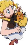  1girl :d bag blonde_hair blue_eyes bonnie_(pokemon) brown_shirt commentary_request dedenne elizabeth_(tomas21) eyelashes happy highres open_mouth pokemon pokemon_(creature) pokemon_(game) pokemon_xy shirt shoes shoulder_bag simple_background skirt smile tongue white_background yellow_bag 