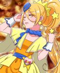  1girl blonde_hair capelet cure_etoile earrings hat heart_pouch high_ponytail highres hugtto!_precure jewelry kagayaki_homare long_hair mini_hat moro_precure open_mouth precure solo star_(symbol) star_earrings wrist_cuffs yellow_capelet yellow_eyes 