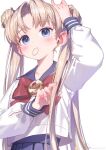  1girl bangs bishoujo_senshi_sailor_moon blonde_hair blue_eyes blue_sailor_collar blush bow bowtie brooch double_bun hair_bun hair_tie hair_tie_in_mouth highres holding holding_hair jewelry long_hair long_sleeves mouth_hold parted_bangs pleated_skirt red_bow red_bowtie ryota_(ry_o_ta) sailor_collar school_uniform serafuku signature simple_background skirt solo tsukino_usagi tying_hair upper_body very_long_hair white_background 