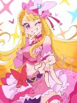  1girl bangs belt_bow blonde_hair bow bridal_gauntlets crop_top cure_butterfly earrings eyeshadow grin hair_bow heart highres hirogaru_sky!_precure jewelry long_hair magical_girl makeup midriff neri_(um_mijinko) one_eye_closed pink_bow pink_skirt precure purple_eyes purple_thighhighs red_bow single_thighhigh skirt smile solo thighhighs v very_long_hair 