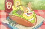  commentary_request day fangs food green_eyes highres hot_dog_bun in_food ketchup_bottle lettuce lying mustard_bottle nekozane_chisa no_humans on_stomach open_mouth outdoors pokemon pokemon_(creature) solo tongue tongue_out yamper 