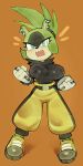  1girl alternate_breast_size animal_ears belt blue_eyes breasts clenched_hands commentary commission full_body furry furry_female gloves green_hair looking_at_viewer open_mouth pants sharp_teeth shirt sleeveless sleeveless_shirt sonic_(series) sonic_the_hedgehog_(idw) standing surge_the_tenrec teeth torn_clothes wamudraws white_gloves yellow_pants 