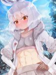  1girl :&lt; abs absurdres animal_ears bangs blush breasts breath brown_hair buttons closed_mouth coat collarbone day elbow_gloves eyelashes fur-trimmed_sleeves fur_collar fur_trim gloves grey_hair hands_on_hips highres kedama_(ughugjydthjdf) kemono_friends looking_at_viewer medium_hair mountain_hare_(kemono_friends) multicolored_hair navel nose_blush open_clothes open_coat outdoors parted_bangs rabbit_ears red_eyes short_sleeves skirt small_breasts snow solo sports_bra stomach toned unbuttoned upper_body v-shaped_eyebrows white_hair 