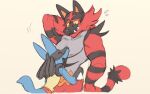  2021 ambiguous_gender anthro blue_body blue_fur cheek_tuft dahecksajerry duo embrace eyes_closed facial_tuft fangs fur generation_4_pokemon generation_7_pokemon hand_behind_head hug incineroar lucario male markings muscular nintendo pecs pokemon pokemon_(species) red_body red_fur simple_background size_difference smile spikes spikes_(anatomy) standing striped_body striped_markings striped_tail stripes tail tail_markings tan_body tan_fur teeth tuft whiskers 