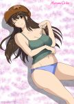  1girl absurdres artist_name bare_legs blue_panties breasts brown_eyes brown_hair camisole camisole_lift character_name cleavage colorized copyright_name covered_nipples cowboy_hat derivative_work floral_background hat highres hirose_shuu josephscrand kyochuu_rettou large_breasts long_hair looking_at_viewer lying midriff navel off_shoulder on_back one_eye_closed oribe_mutsumi panties parted_lips smile solo underwear underwear_only 