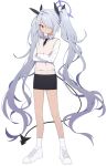  1girl billbung blue_archive crossed_arms full_body grey_hair halo iori_(blue_archive) long_hair looking_at_viewer necktie pencil_skirt pointy_ears red_eyes simple_background skirt socks solo very_long_hair vest white_background white_socks 