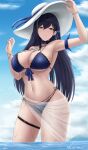  1girl absurdres archstreal bangs bare_shoulders bikini black_hair blue_bikini blue_sky blush breasts choker cleavage collarbone green_eyes hat highres large_breasts long_hair looking_at_viewer navel sarong sky solo sun_hat swimsuit thighs tower_of_fantasy wading water 