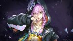  1girl bangs bling blue_eyes braid chain gold_chain gold_necklace hair_between_eyes hood hooded_jacket jacket jewelry long_hair looking_at_viewer mirai_akari mirai_akari_project necklace open_clothes open_jacket open_mouth pink_hair re_(re_09) shirt smile solo tongue tongue_out 