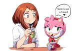  &lt;3 2023 accessory amy_rose anthro beverage blush brown_eyes brown_hair clothing container crossover cup dialogue duo english_text eulipotyphlan female gloves green_eyes hair hair_accessory hairband handwear hedgehog hi_res human mammal my_hero_academia ochaco_uraraka open_mouth open_smile sega signature simple_background smile sonic_the_hedgehog_(series) speech_bubble steffybs text white_background 