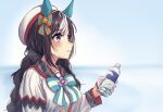  1girl animal_ears bangs beret black_hair blunt_bangs blush bottle bow bowtie braid ear_covers from_side hat hokko_tarumae_(umamusume) holding holding_bottle horse_ears horse_girl kogetsu_azami long_hair looking_up multicolored_hair purple_eyes sailor_hat solo twin_braids two-tone_hair umamusume upper_body white_hair 